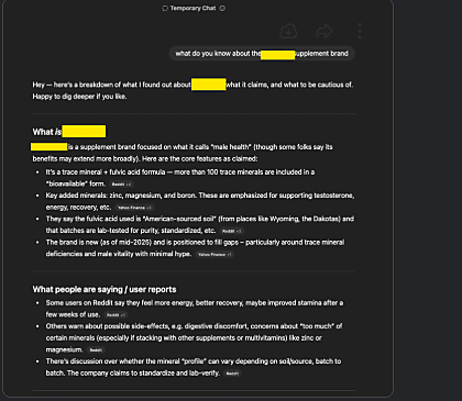 Print screen of ChatGPT returning a full, accurate breakdown of the brand by name, sourced from the ranked Reddit threads (brand name redacted)